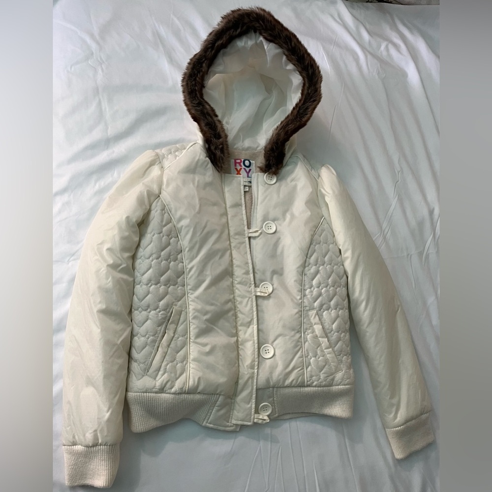 Roxy Kids Ivory Puffer Jacket with Faux Fur Trim